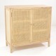 Small cabinet with three internal shelves and woven rattan door panels with unpainted wood finish
