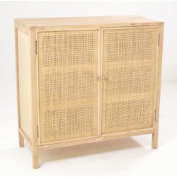 Small cabinet with three internal shelves and woven rattan door panels with unpainted wood finish