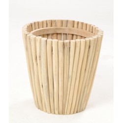 Solid wood round planter made from teak branches and left unfinished