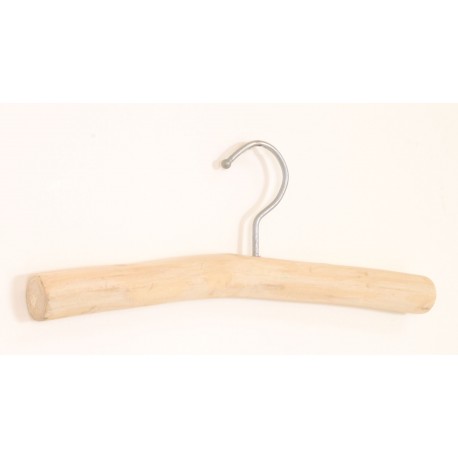 Solid wood coat hanger made from a teak branch with a plain wood finish and a metal hook