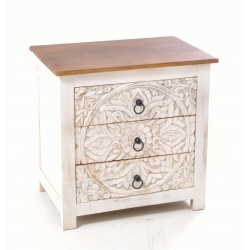 Two tone three drawer side table made from mango wood with an Indian carved front and white base and natural wood top