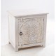 Two tone one cupboard side table made from mango wood with an Indian carved front and white base and natural wood top