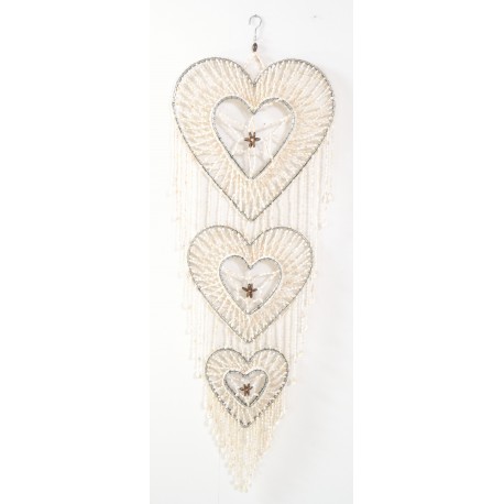 Shell Three Metal frame hearts decorated with shells in a tall decorative wall art piece