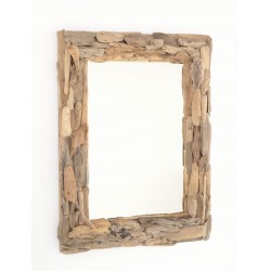 Rectangular mirror with a frame decorated with driftwood slices of wood can hung landscap or portrait