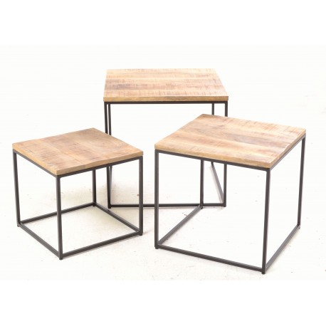 Set of three black thin metal frame tables with rustic mango wood tops