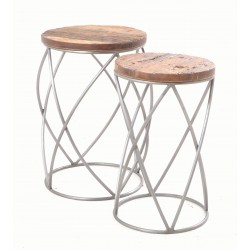 Steel lattice work based tables with thick rustic mango wood circular tops