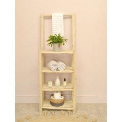 Solid wood display stand made from teak branches in a plain unpainted wood finish with four slatted shelves