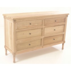 Solid Mahogany 6 drawer chest with bleached aged finish and detail carving