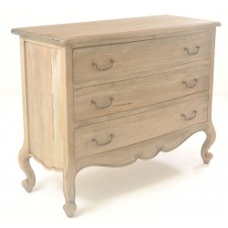 Solid mahogany 3 drawer chest with detail carving, ornate handles and vintage bleached finish