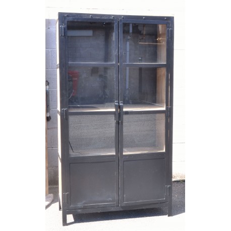 Metal Storage Cabinet with glass section in doors and wood panel sides