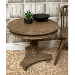 Solid wood low occasional table with triangular base and bun feet in a stripped back dark vintage finish