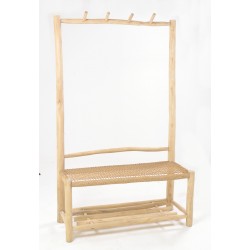 Solid wood teak wide coat rack with woven seat and rack low shelf made from teak branches and left unfinished