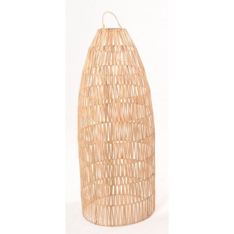 Tall conical shaped lightshade made from ratan and left with the natural colourning