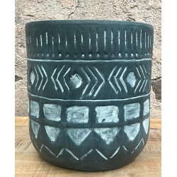 Dark blue coloured hand made cylindrical terracotta vase with a square motif in white