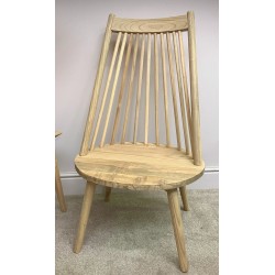 Solid teak tall back chair with slatted back and light wood finish