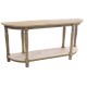Long console table or side board with a natural unfinished look and turned legs with a full length low shelf
