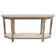 Long console table or side board with a natural unfinished look and turned legs with a full length low shelf