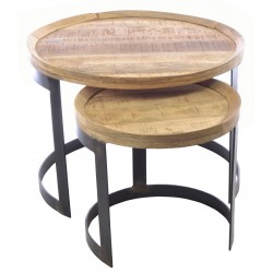 Industrial stlye metal and wood two table nest with round tables and curved stand