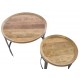 Industrial stlye metal and wood two table nest with round tables and curved stand