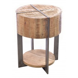 Industrial style round lamp table with a deep table top with metal cross style and a low wood shelf between metal legs