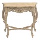 Solid wood vintage console table with carved legs and skirt in a wahsed finish
