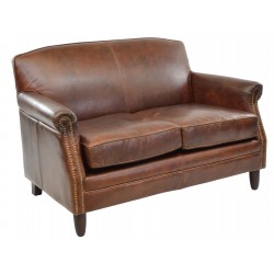 Vintage Leather 2 Seat sofa in dark leather finish, solid wood legs and frame and button stud details