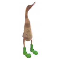 Bamboo booted duck ornament with a natural wood finish and bright painted boots