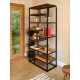 Industrial style metal land wood open bookcase with a selection of different sized fixed shelves