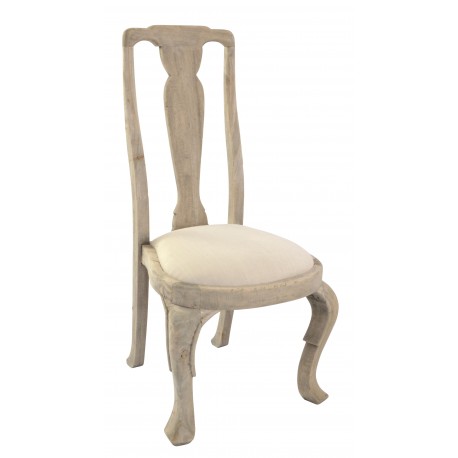 Vintage style solid wood dining chair with linen upholstered seat in a stripped back wood finish