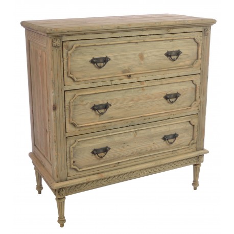 Solid wood three drawer chest of drawers with intricate carve detail in a stripped back vintage finish