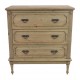 Solid wood three drawer chest of drawers with intricate carve detail in a stripped back vintage finish