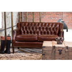 Vintage Leather Sofa, a brown leather 2 seater sofa with a button back and simple straight legs