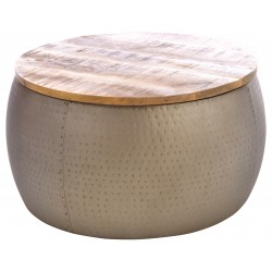 Round metal coffee table with a solid mango wood top with a rustic finish and dimples in the metal