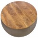 Round metal coffee table with a solid mango wood top with a rustic finish and dimples in the metal