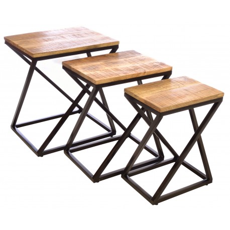 Steel 3 table nest of tables in a zigzag design with rustic solid mango wood tops