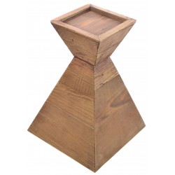 Solid wood pyramid shaped candle holder made from reclaimed pine with aged distressing and worm holes