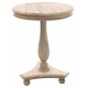 Solid wood tall occasional table with triangular base and bun feet in a stripped back vintage finish