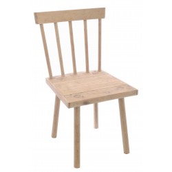 Solid wood chair with a square plank seat and round slat back in a vintage stripped back finish