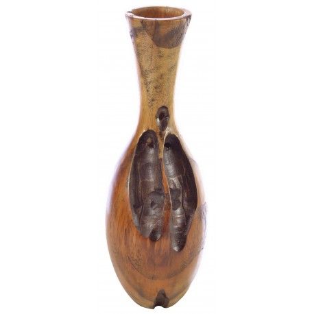 Solid teak narow necked curved vase with a bulbous base and unique pattern to the finish not always water tight