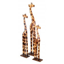 Set of 3 alibizzia wood decorative giraffes a large,medium and small giraffe each on a separate flat rectangular base