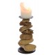 Stacked pebble style candlestick made from reclaimed wood with a black metal candle holder on the top