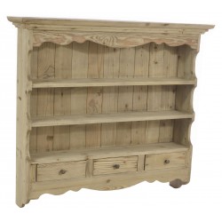 Solid wood three shelf kitchen wall rack with three small drawers in a stripped back old world finish.