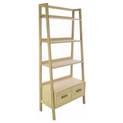 Solid wood bookcase with two drawers and waterfall style shelves in a plain wood finish