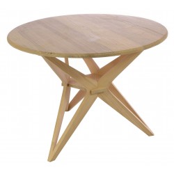 Solid wood round dining table with intricate star design pedestal and a plain wood finish