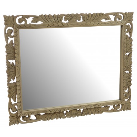Ornately carved solid wood framed mirror with a stripped back old world finish