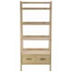 Solid wood bookcase with two drawers and waterfall style shelves in a plain wood finish