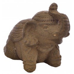 Small Dark Stone Sitting Elephant sitting on haunches with raised trunk and decorated back