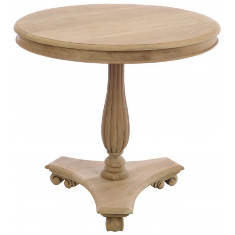Solid wood round occasional table with a fluted stem, scroll foot base and distressed stripped back finish