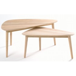 Solid wood nest of tables with 2 tables with tear drop shaped tops and simple round legs finished in a plain wood finish