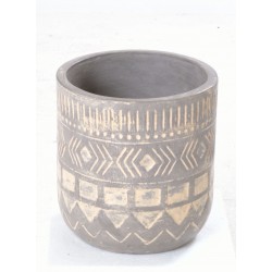 Grey coloured hand made cylindrical terracotta vase with a square motif in white